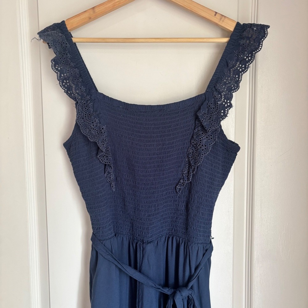 Maurices Navy Blue Smocked Eyelet Lace Wide Leg Jumpsuit XL Boho Romper - Picture 4 of 10